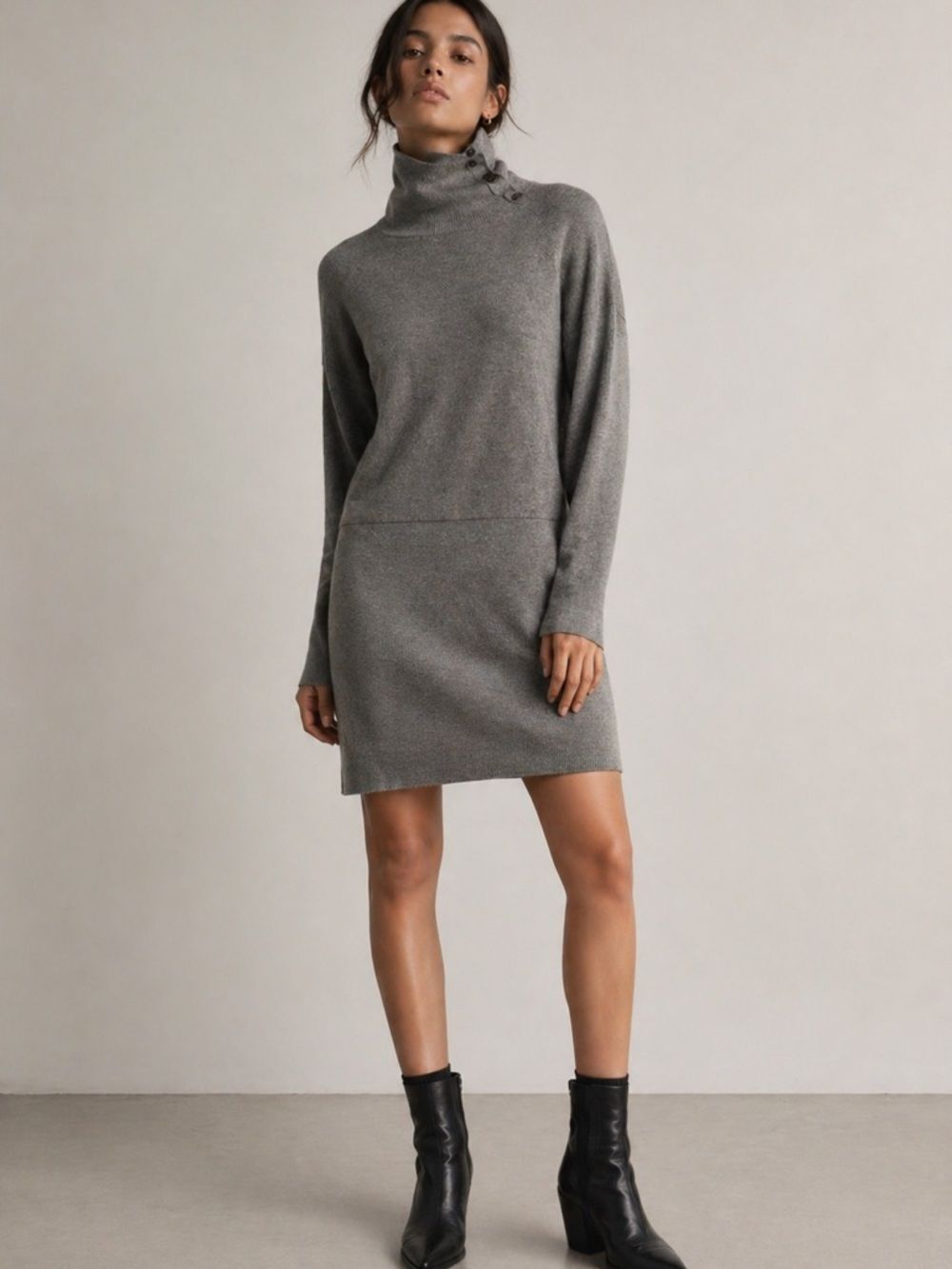 AllSaints Flik 100% Merino Wool Turtleneck Mini Dress Grey L